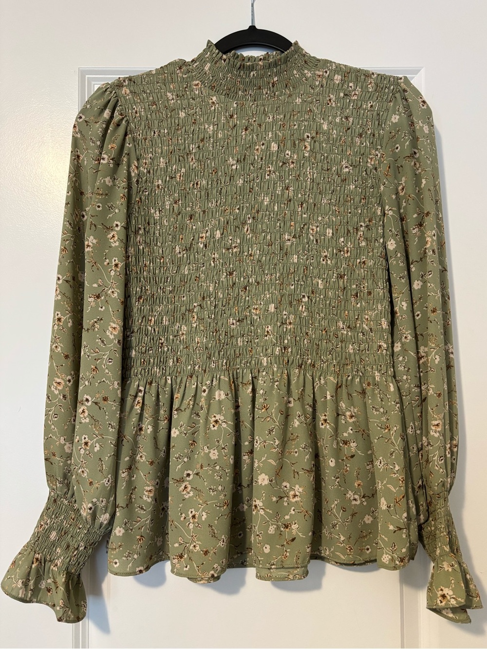 Smocked High-Neck Ditsy Floral Peplum Blouse